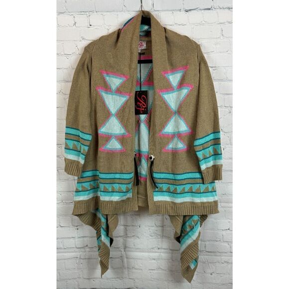 ROJA beige blue aztec southwestern knit waterfall open front cardigan XS NWT - Picture 1 of 8